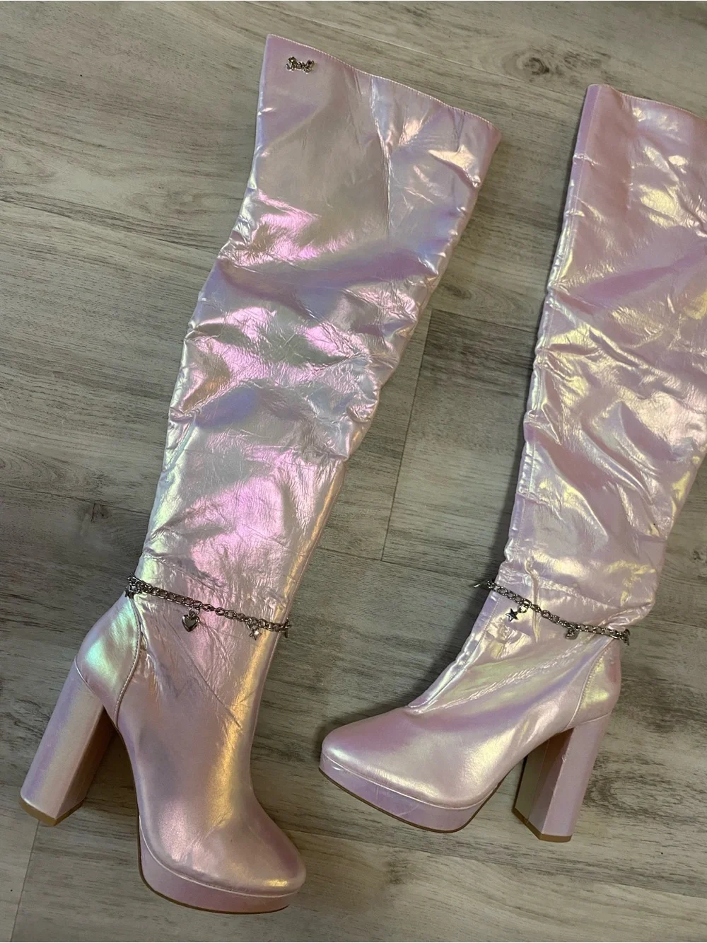 Sparkl Fairy Couture Iridescent Pink Knee-High Block Heel Boots NWT